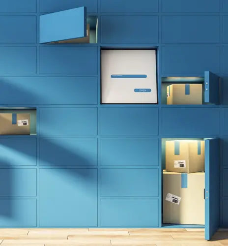 Automated self-service blue terminal for goods storage ordered from online stores and card boxes in cells. 3D rendering