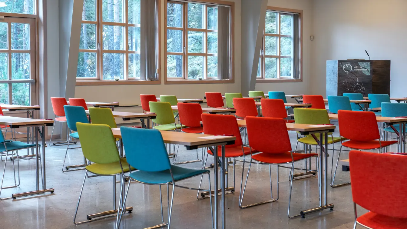 Møterom med klasseroms oppsett sett bakfra, fargerike stoler, store vinduer med sprosser