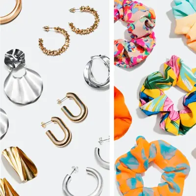 Collage av tre bilder med øredobber og hårstrikker