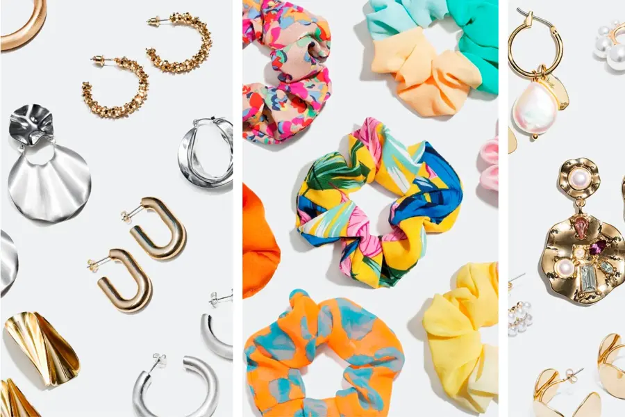 Collage av tre bilder med øredobber og hårstrikker