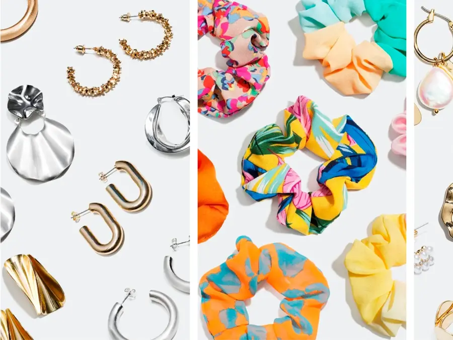 Collage av tre bilder med øredobber og hårstrikker