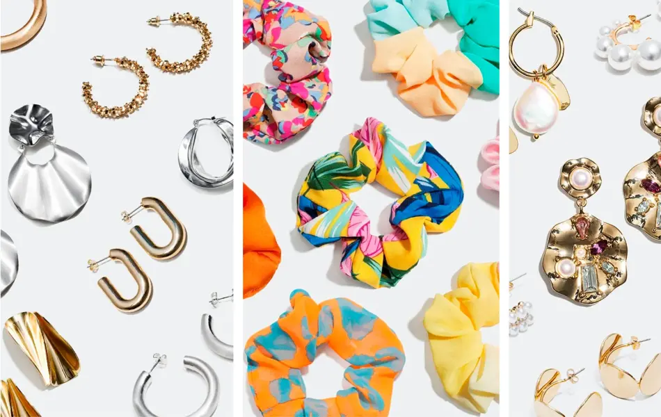 Collage av tre bilder med øredobber og hårstrikker