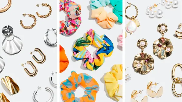 Collage av tre bilder med øredobber og hårstrikker