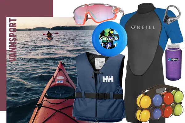 Collage, sportsbriller, redningsvest, våtdrakt, vannflaske, kajakk på vannet