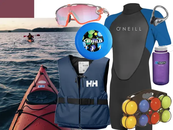 Collage, sportsbriller, redningsvest, våtdrakt, vannflaske, kajakk på vannet