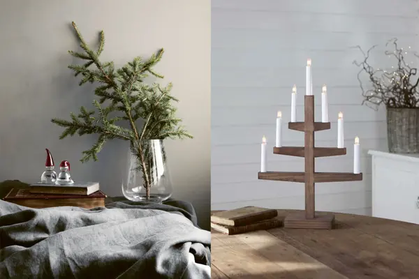 kollasj av to miljøbilder med juleinteriør, granbar i blank vase og adventsstake