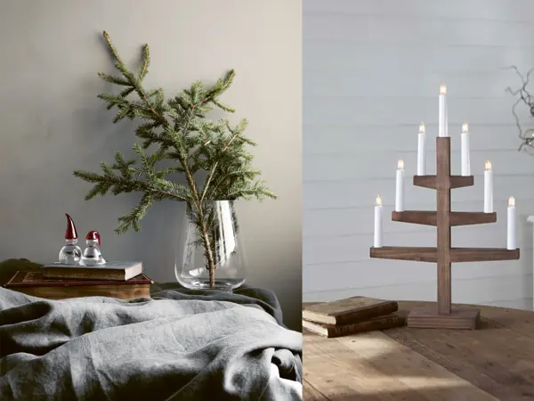 kollasj av to miljøbilder med juleinteriør, granbar i blank vase og adventsstake