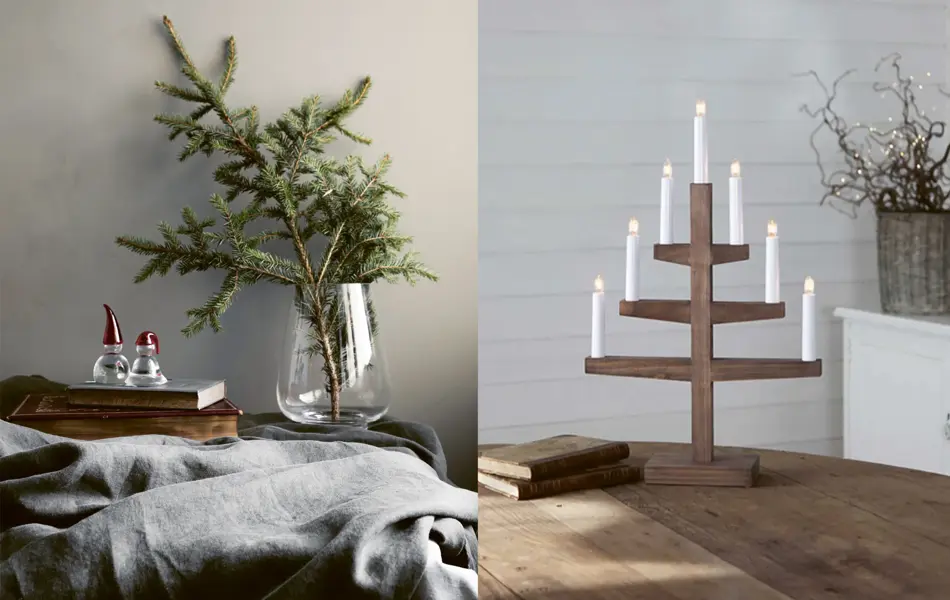 kollasj av to miljøbilder med juleinteriør, granbar i blank vase og adventsstake