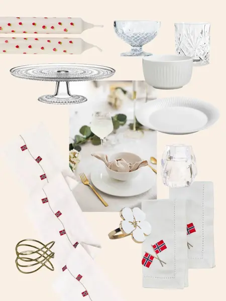 Stearinlys, dessertskål, vannglass, hvit bolle, hvit tallerken, telysholder, tøyservietter, serviettring, bordløper, gull serviettring, kakefat på stett. Bilde av borddekking, gull bestikk, hvitt servise, beige tøyserviett.