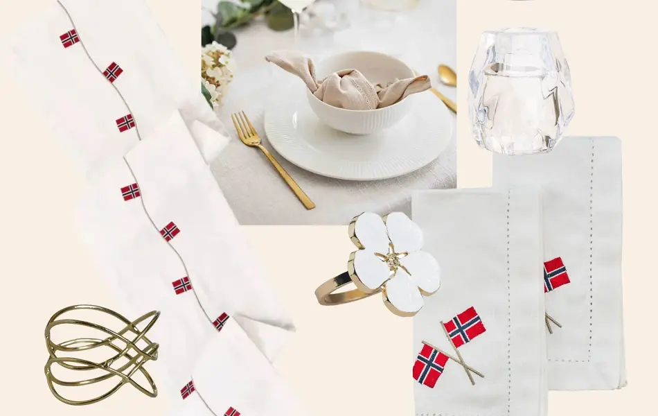 Stearinlys, dessertskål, vannglass, hvit bolle, hvit tallerken, telysholder, tøyservietter, serviettring, bordløper, gull serviettring, kakefat på stett. Bilde av borddekking, gull bestikk, hvitt servise, beige tøyserviett.