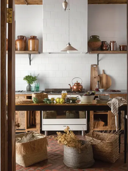 Kjøkken med bord dekket med frukter og rotting kuver under bordet