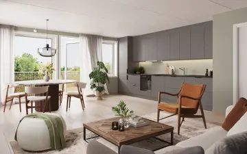 Illustrasjon av kjøkken, spisestue og stue fra Heggedal Hage