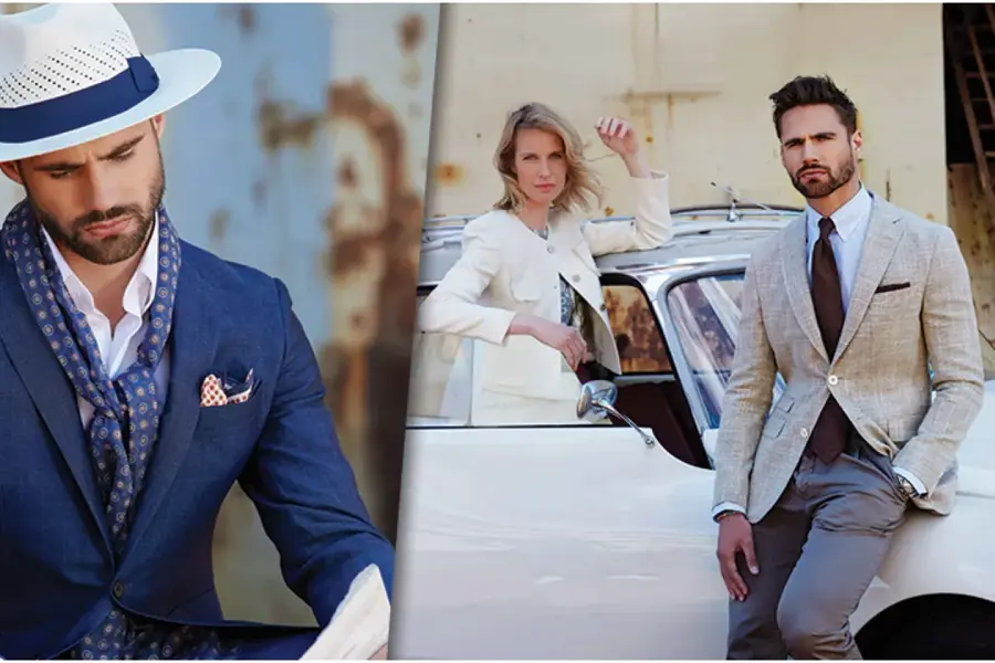 Mann med blå dress og hatt leser avisen / Mann i dress og dame i kjole foran en hvit bil 