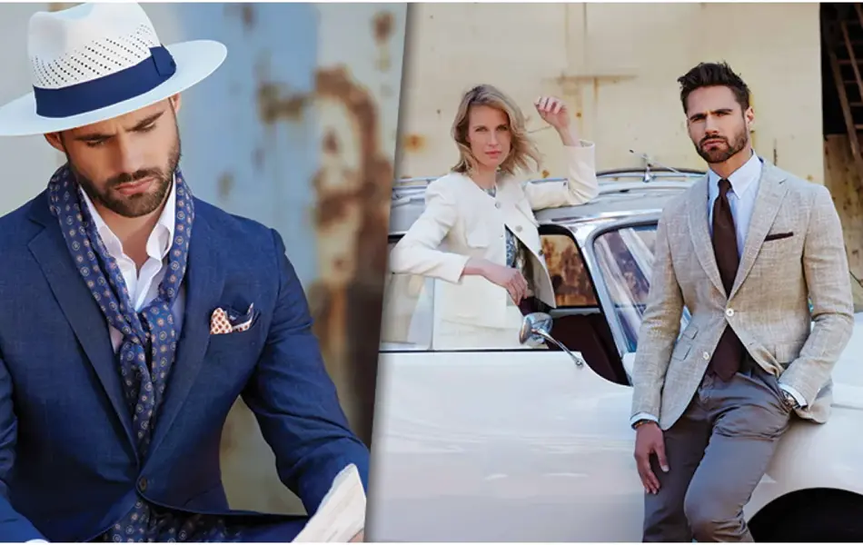 Mann med blå dress og hatt leser avisen / Mann i dress og dame i kjole foran en hvit bil 