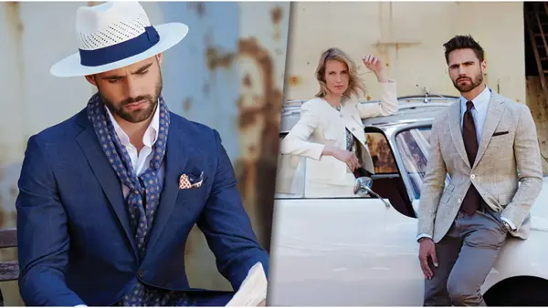 Mann med blå dress og hatt leser avisen / Mann i dress og dame i kjole foran en hvit bil 
