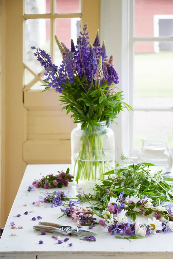 Blomsterbukett i lilla og grønt arrangeres på bord 