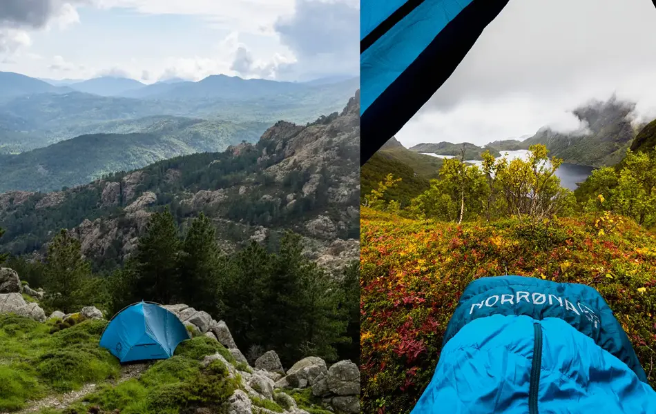 Blått telt satt opp ute i et fjelllandskap, bilde tatt ut fra teltet med sovepose nederst.