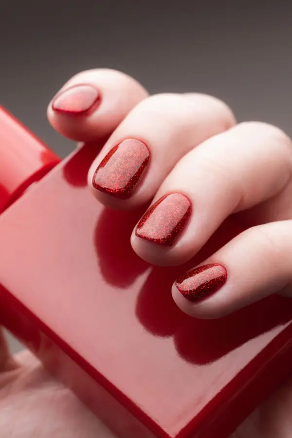 Nærbilde av hånd med rød neglelakk som holder en rød neglelakkflaske