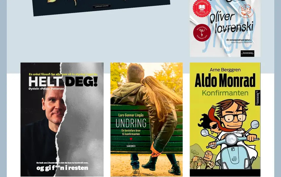 Bøker: På konfirmasjonsdagen, Pengeboka, Da vi var yngre, Helt deg, Undring og Aldo Monrad