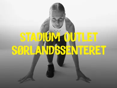 Kvinne i løpeposisjon med tekst "Stadium Outlet Sørlandssenteret"