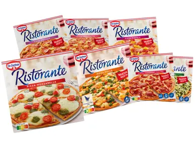 Utvalg av Ristorante frossenpizza i ulike smaker.