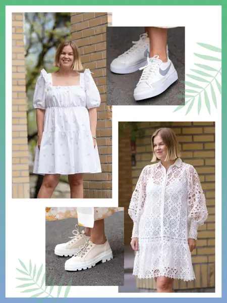 Dame i hvit kort kjole, hvite Nike sneakers, dame i hvit kort kjole med hullmønster, beige tøysko med tykk såle.