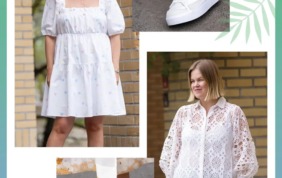 Dame i hvit kort kjole, hvite Nike sneakers, dame i hvit kort kjole med hullmønster, beige tøysko med tykk såle.