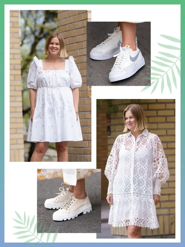 Dame i hvit kort kjole, hvite Nike sneakers, dame i hvit kort kjole med hullmønster, beige tøysko med tykk såle.