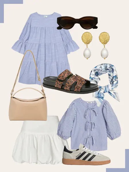 Blå a-line kjole, sorte solbriller, øredobber med perle, sandaler i leopardmønster, blåmønstret skjerf, beige skulderveske, hvitt kort ballongskjørt, blåstripete skjorte, Adidas sneakers.