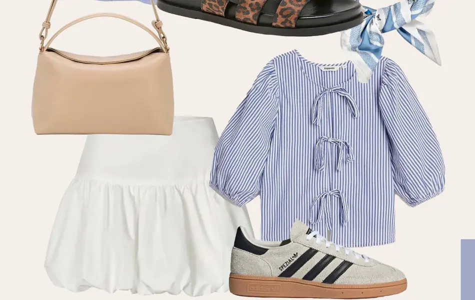 Blå a-line kjole, sorte solbriller, øredobber med perle, sandaler i leopardmønster, blåmønstret skjerf, beige skulderveske, hvitt kort ballongskjørt, blåstripete skjorte, Adidas sneakers.