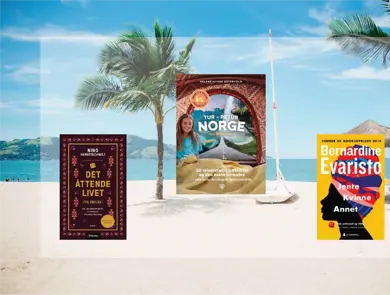 Tre bøker med sandstrand og palmer i bakgrunnen