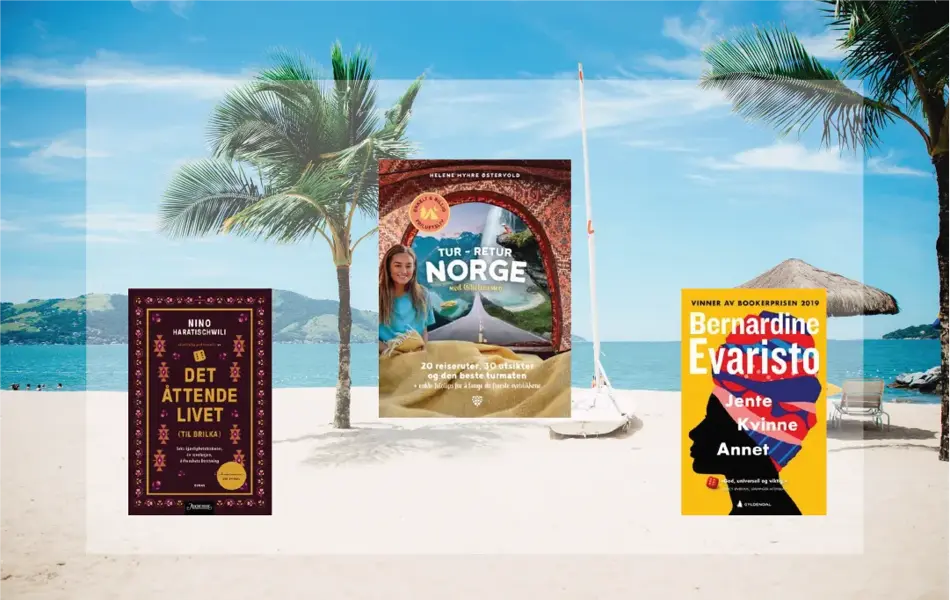 Tre bøker med sandstrand og palmer i bakgrunnen