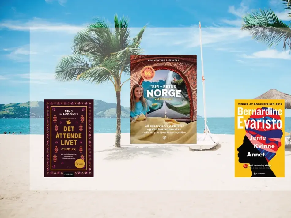 Tre bøker med sandstrand og palmer i bakgrunnen