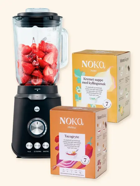 Kollasj med blender og mat fra Noka