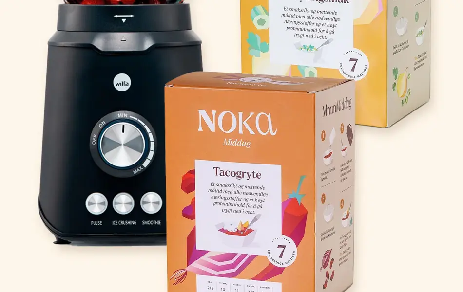 Kollasj med blender og mat fra Noka