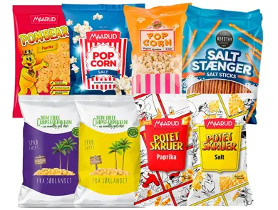 Utvalg av Maarud snacks.