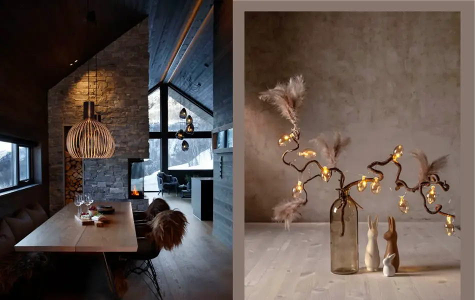 Inne i en fjellhytte med langt spisebord og taklampe over. Bord med vase med grener og lysslynge.