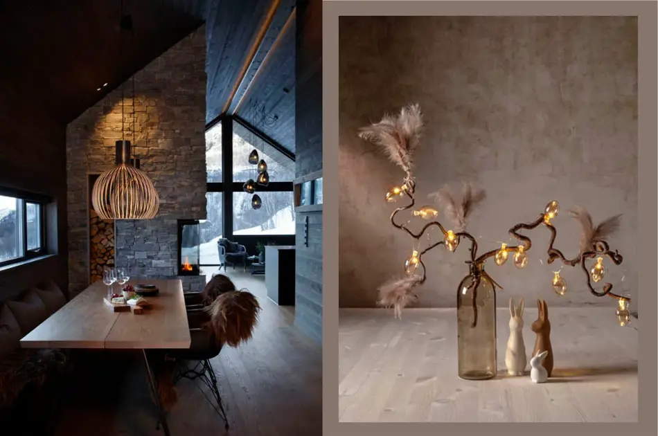 Inne i en fjellhytte med langt spisebord og taklampe over. Bord med vase med grener og lysslynge.
