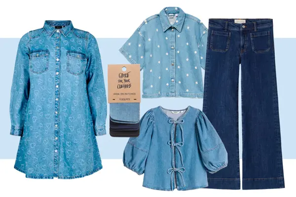 Denimkjole, denimlapper til å lappe hull, denimskjorte med blomsterbroderier, denimbukse, denimskjorte med sløyfer.