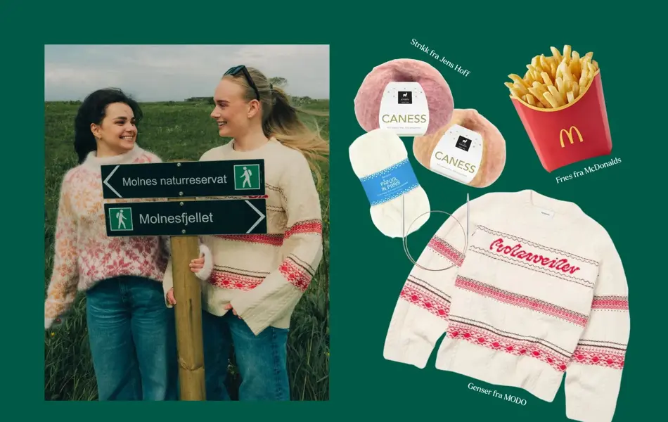 pommes frites, strikkegenser og garn, 2 venner