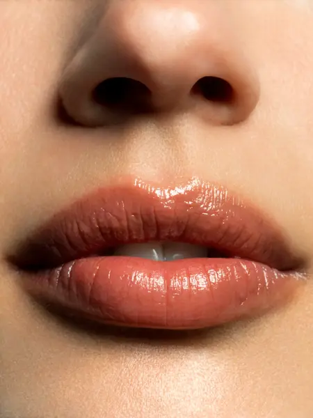 Ultranært bilde av nese og lepper i glossy mursteinsrød tone