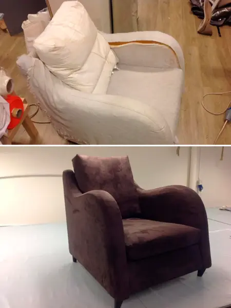 Førbilde av stol som skal trekkes om, alt trekk er borte. Stol ferdig trukket om i mørk brunt stoff.