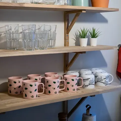 Trehvit vegghengt hylle på grønn vegg med diverse glass og kopper.