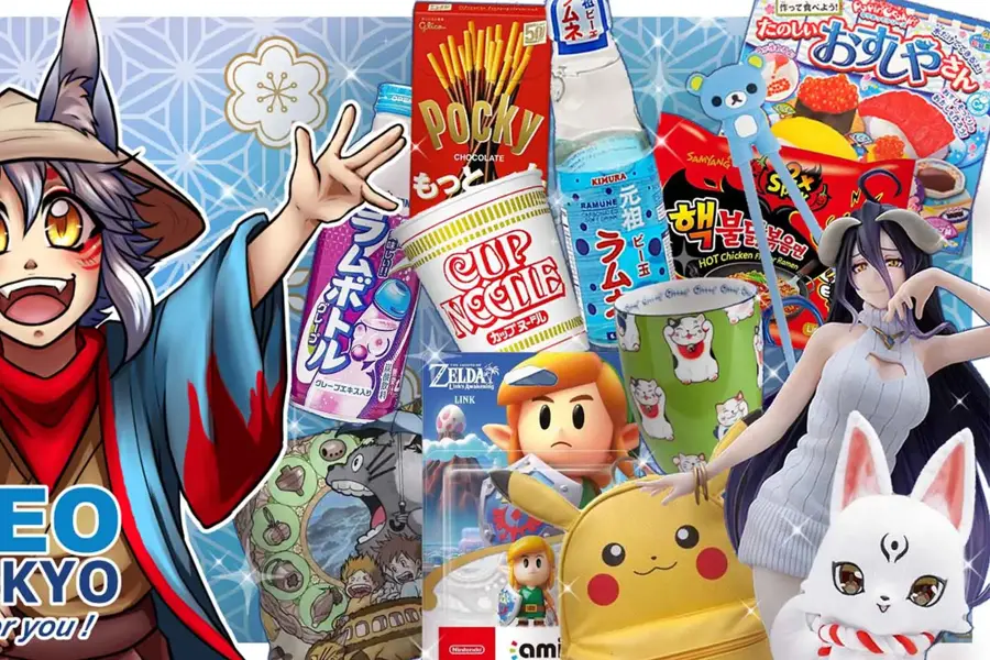 illustrasjon av en karakter og diverse matretter, figurer og andre japanske varer på bildet med neo tokyo logo i venstre hjørnet