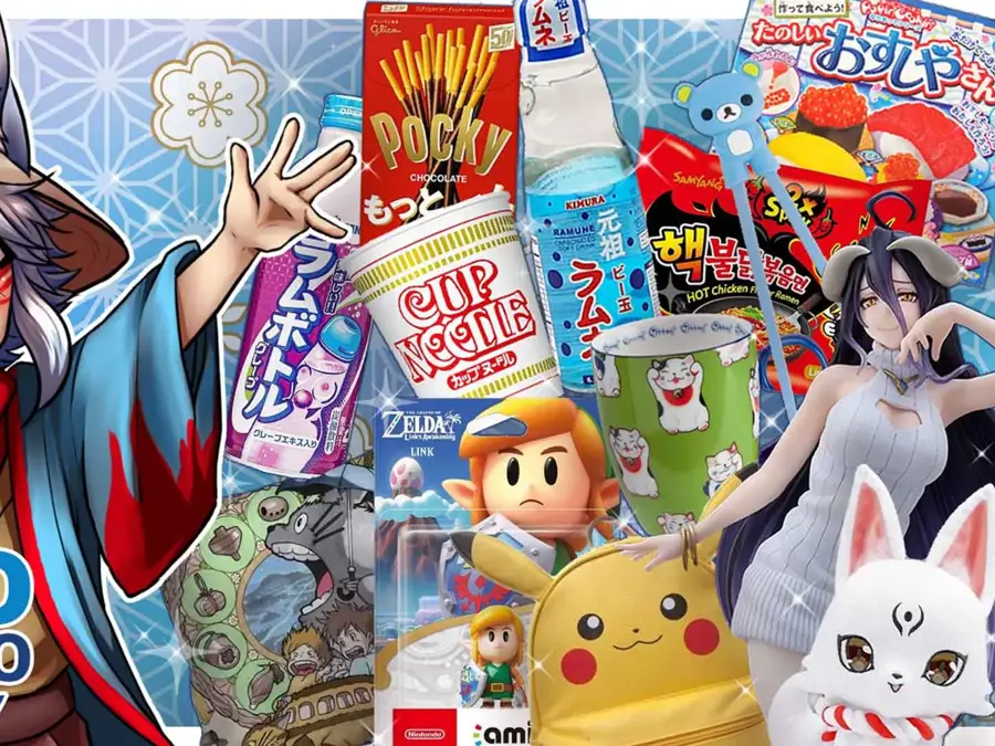 illustrasjon av en karakter og diverse matretter, figurer og andre japanske varer på bildet med neo tokyo logo i venstre hjørnet