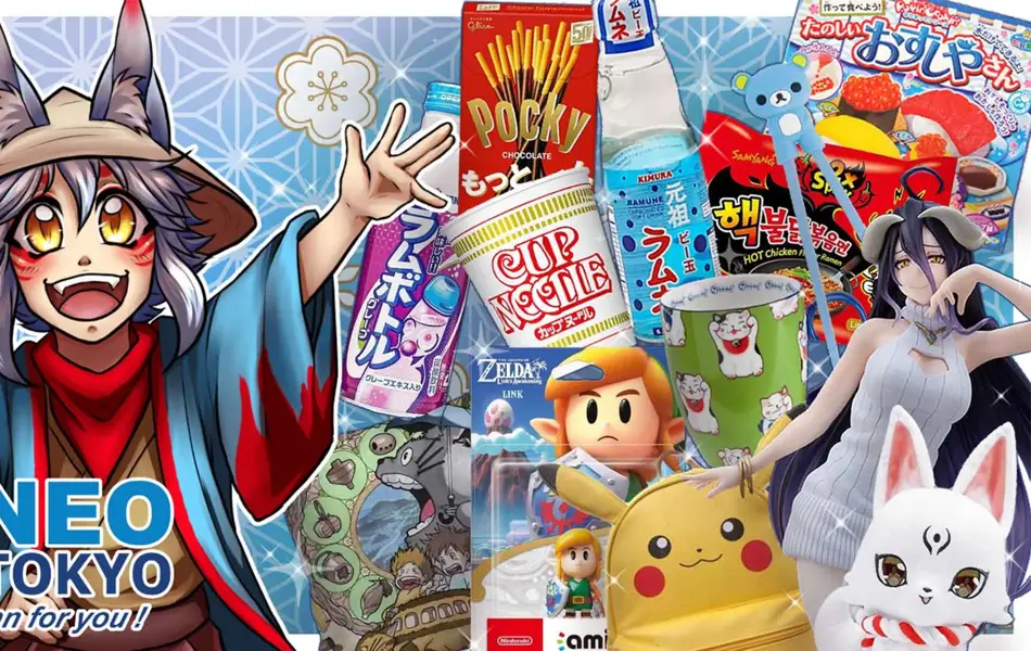illustrasjon av en karakter og diverse matretter, figurer og andre japanske varer på bildet med neo tokyo logo i venstre hjørnet