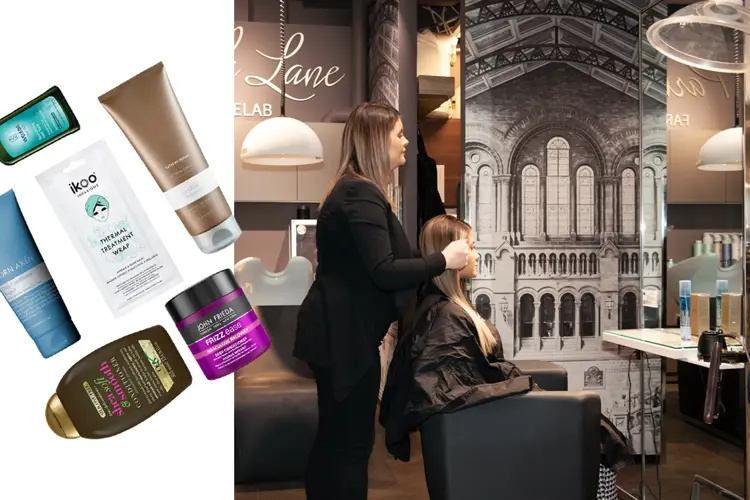 Frisør som klipper håret på kunde og produktbilder