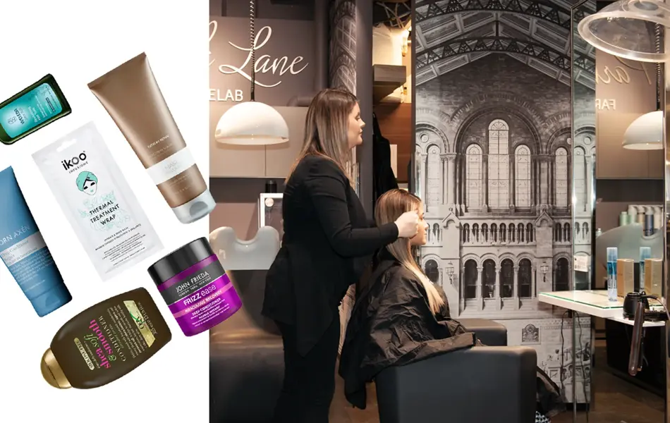 Frisør som klipper håret på kunde og produktbilder