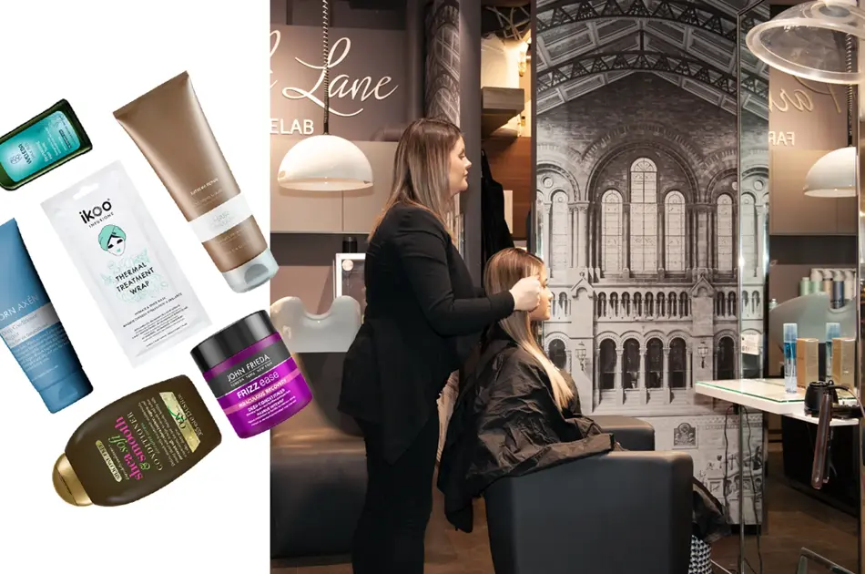 Frisør som klipper håret på kunde og produktbilder