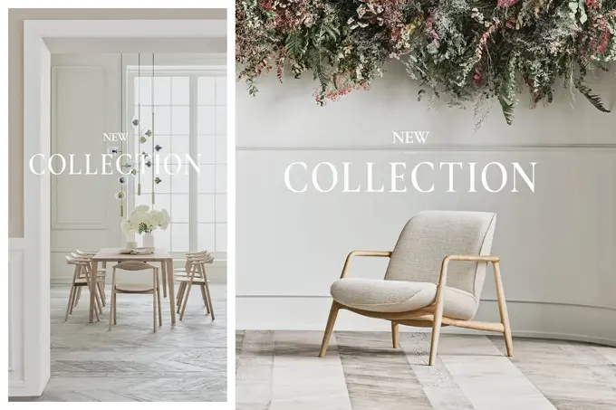 spisebordsett og lenestol i lyst tre og lyse puter